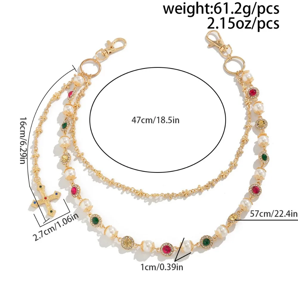 Double Layer Design Punk Rhinestone Keychain Colorful Rhinestone Alloy Material Love Heart Belt Chain Wallet Chain Luxury Style