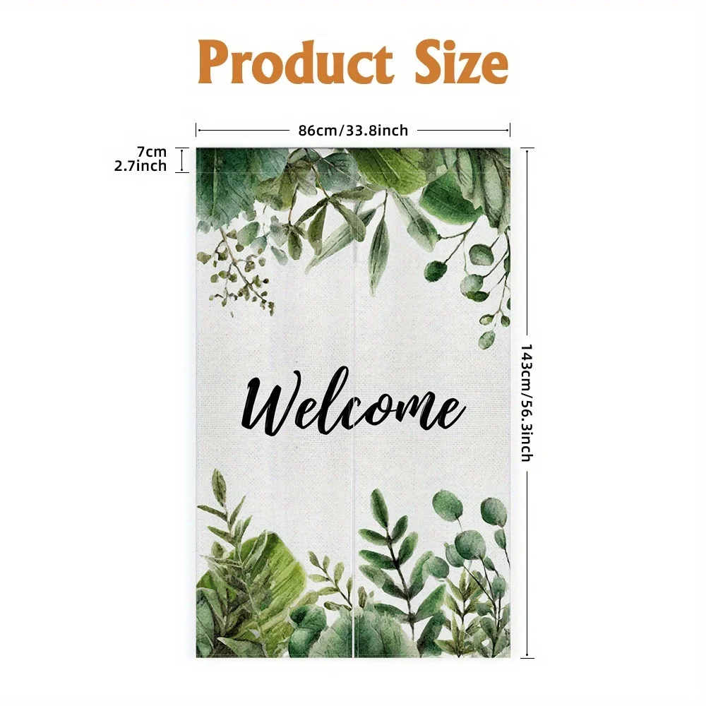 Botanical Welcome Noren Curtain – Green Leaf Design, Elegant Script, Japanese Style, Easy Setup, for Entryway or Living Room