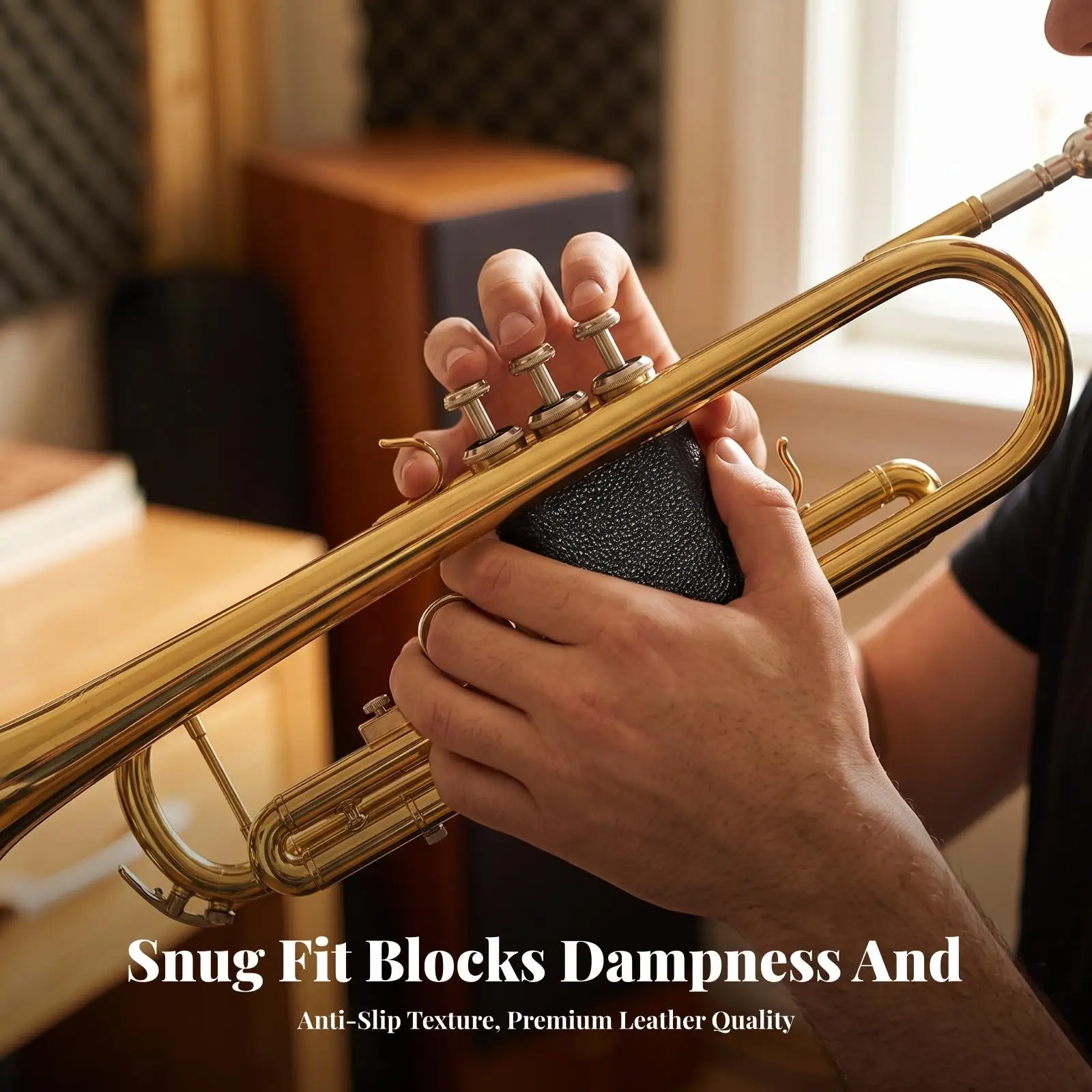 Ergonomic Trumpet Hand Guard Sleeve for Piston Protection Leather Pad with Secure Hook Loop Strap for Long Rehearsals