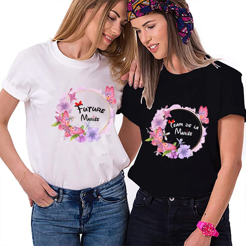 Team Future Bride Tops Floral Crown T-shirt Bridesmaid Fashion Bridal Wedding Tops French Women Bachelorette Hen Party EVJF Tees