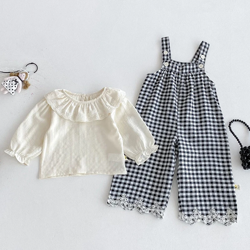 

2025 New Autumn Newborn Baby Girls Clothing Set Long Sleeved Solid Color Shirt+Grid Overall Toddler Baby Girl Clothes Suit