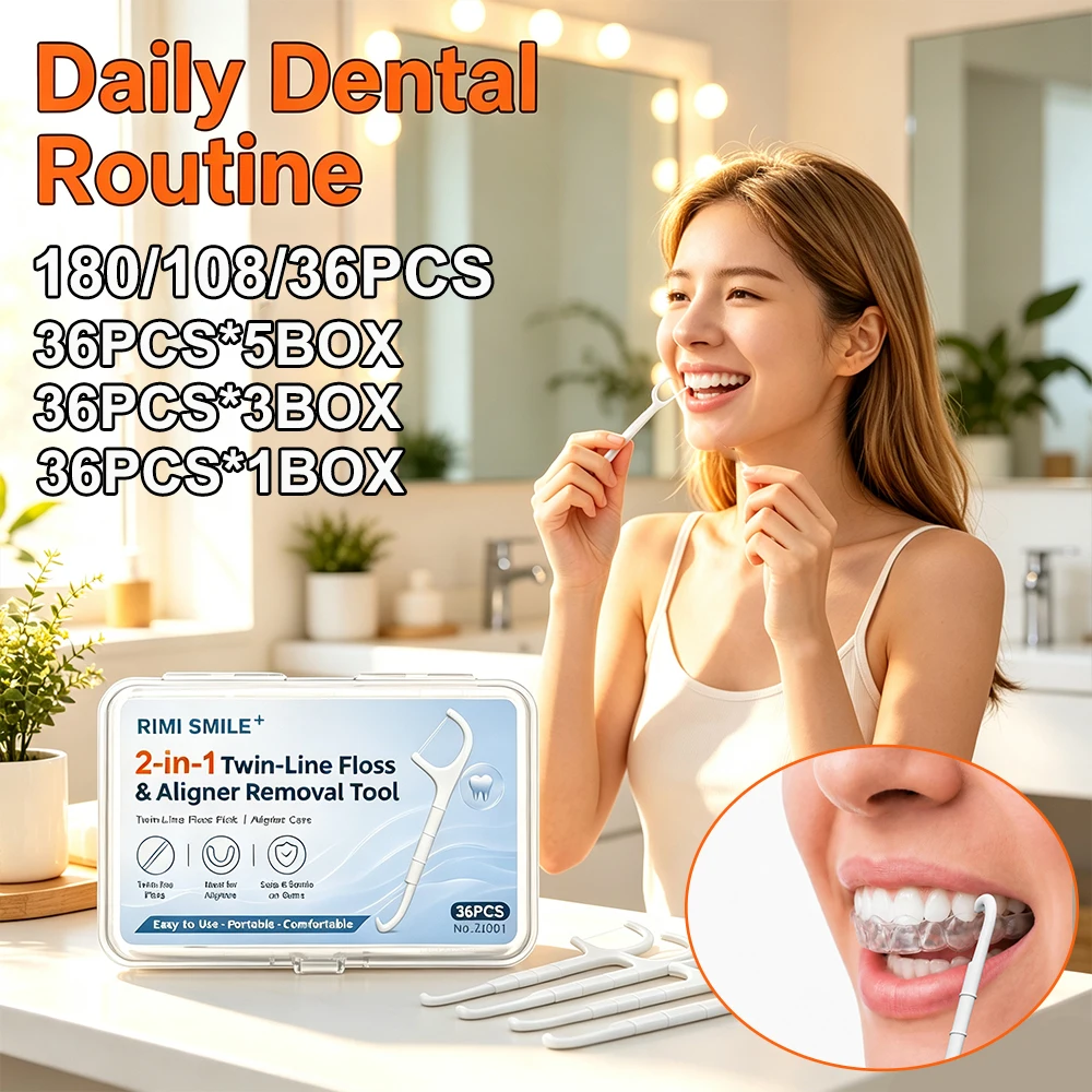 RIMI SMILE 2-in-1 Twin Line Floss Picks with Aligner Removal Hook, Disposable Dental Flossers for Invisible Aligners, Braces Tee