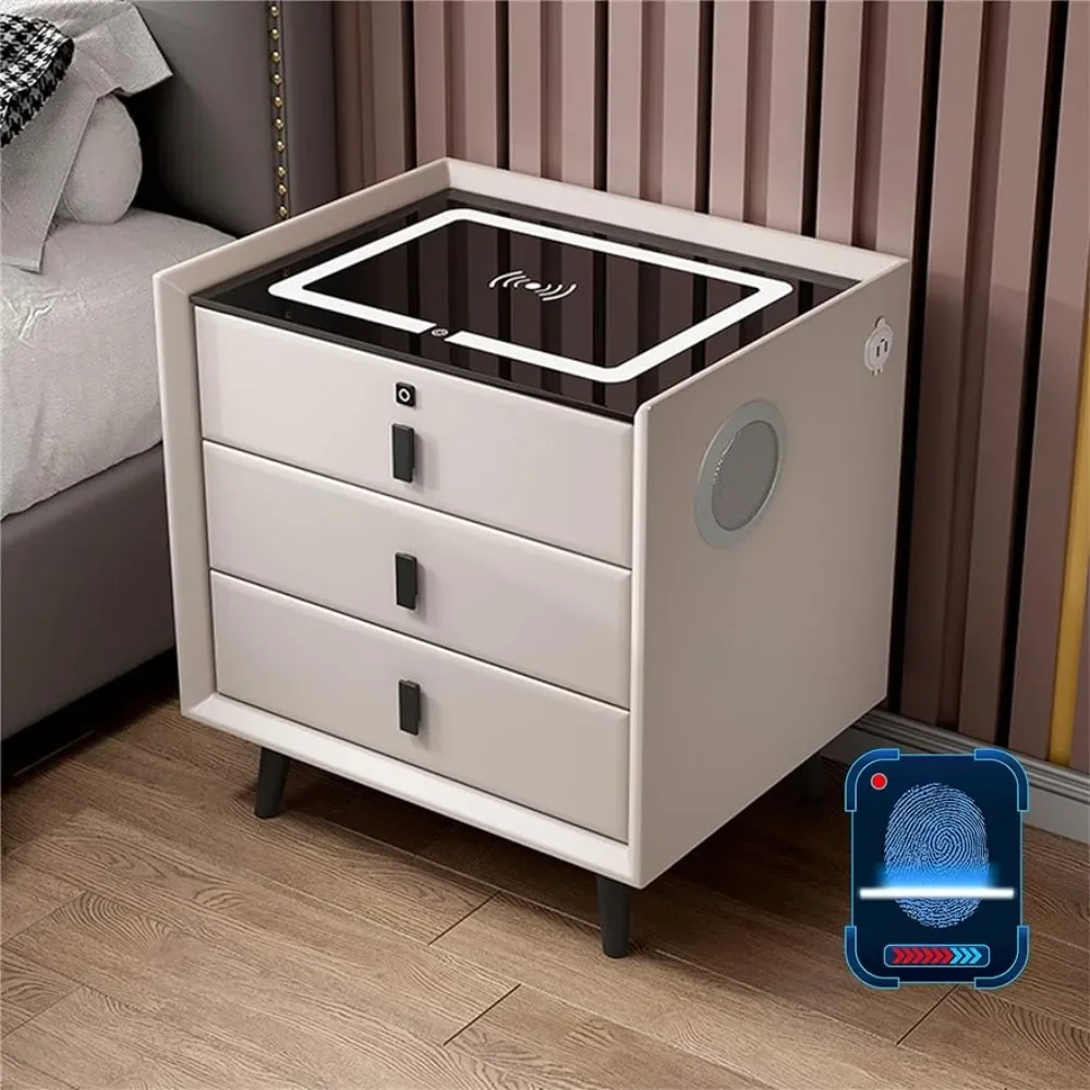 Nightstand With Fingerprint Lock Drawer, Smart Nightstand with Wireless charging/2 USB port and LED Lights, Bluetooth Speaker