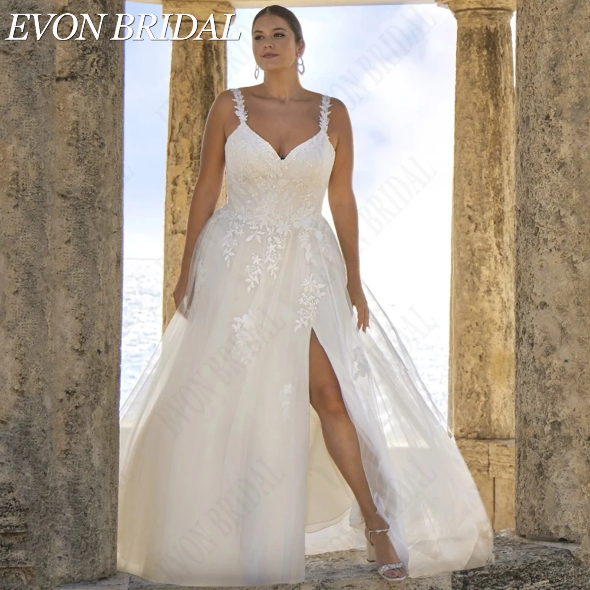 EVON BRIDALSpaghetti Strap Lace Appliques Customized Wedding Dress Plus Size Side Split Tulle Bride Dresses V-Neck Bridal Gown