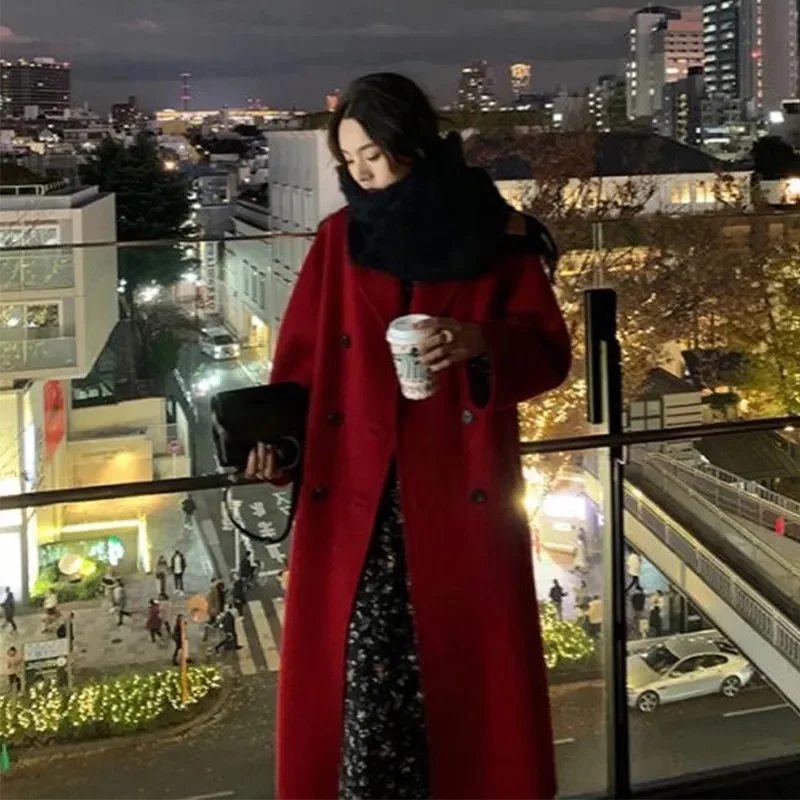 2025 femmes blanc laine manteaux col rabattu Drouble visage cachemire manteau Style ample hiver vêtements longs manteaux hauts nouveau