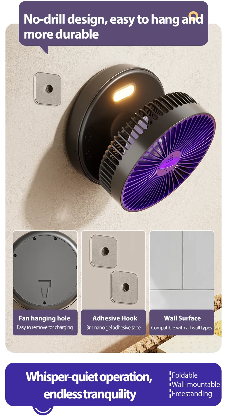 1 x wiederaufladbarer 3-in-1-Multifunktions-Desktop-Lüfter, 90 ° Faltbarer, wandmontierter Ventilator, 4-stufige Geschwindigkeiten, mit warmem Nachtlicht – Detail 12