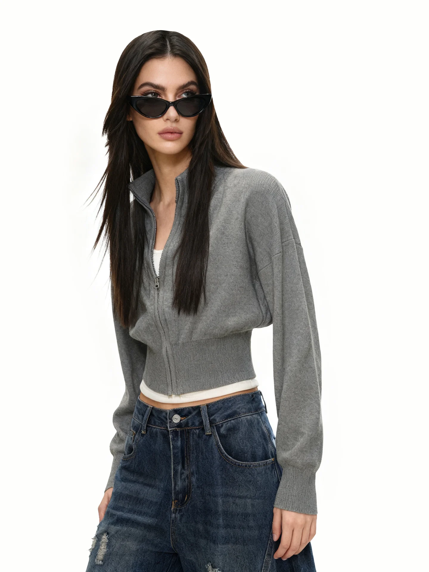 

JYOOK Women's Knitted ort Zipper Jaet Stand Collar Slim Fit Sweater Cardigan ey Color for Autumn Winter Faion Cleanfit