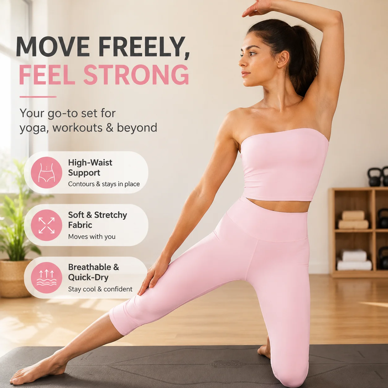 Women's Strapless Tube Top Sports Set, High Waist Capri Leggings with Contour Seam, Off Shoulder Yoga Gym Suit