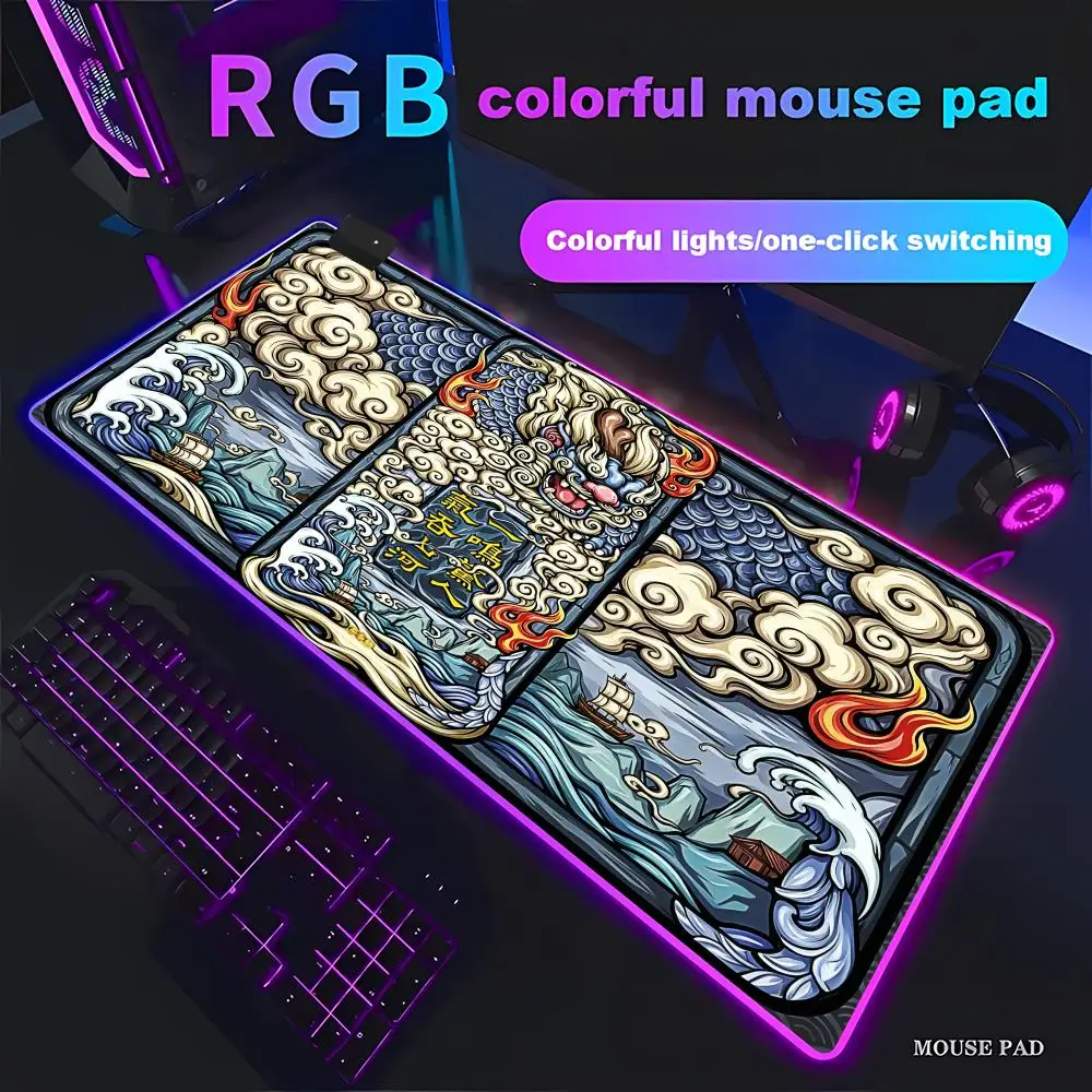 

HYBXAXC Rubber Mouse Pad Desk Mat Thick Locking Edge Chinese Mythical Beast Wave Style for Office & Gaming RGB Large LED Light