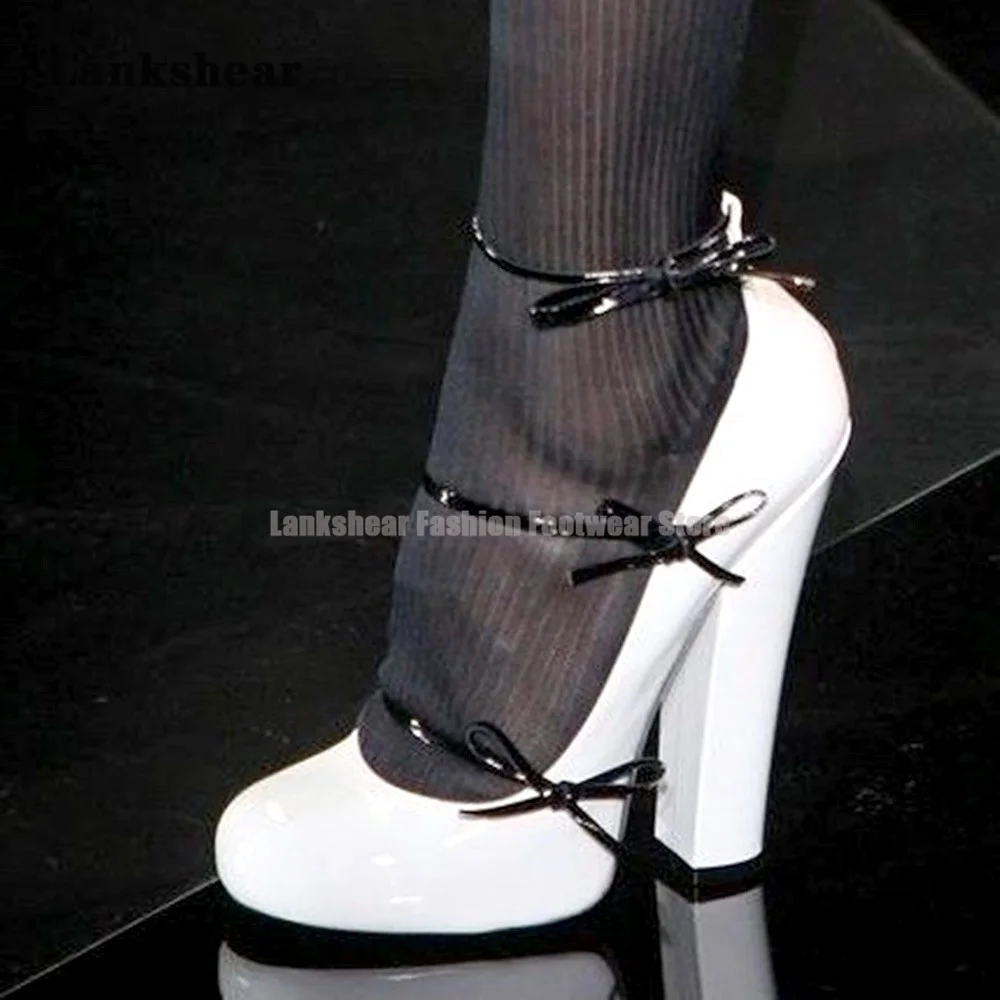 Gray Patent Leather Thick Heels Shoes Bow Round Toe Strap White High Heels Women\'s Thick Heels Black Single Shoe Big Size 34-45