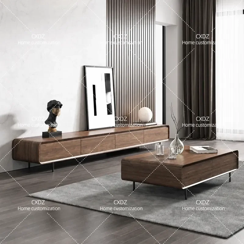 Nordic TV Cabinet and Coffee Table Set Modern Minimalist Living Room Furniture Walnut Color Combo for Apartment Home Decor