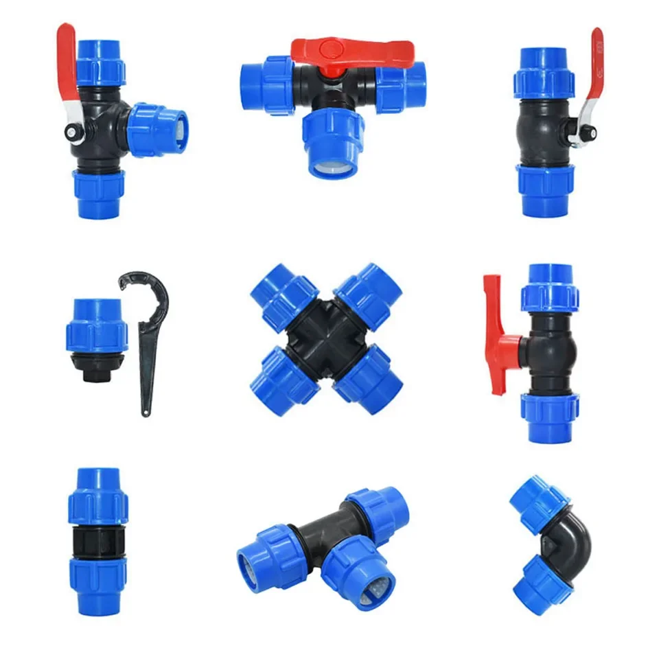PE PP plastic pipe fitting set for garden irrigation systems – quick-connect tee elbow cross coupler plug in diameters 20mm 25mm