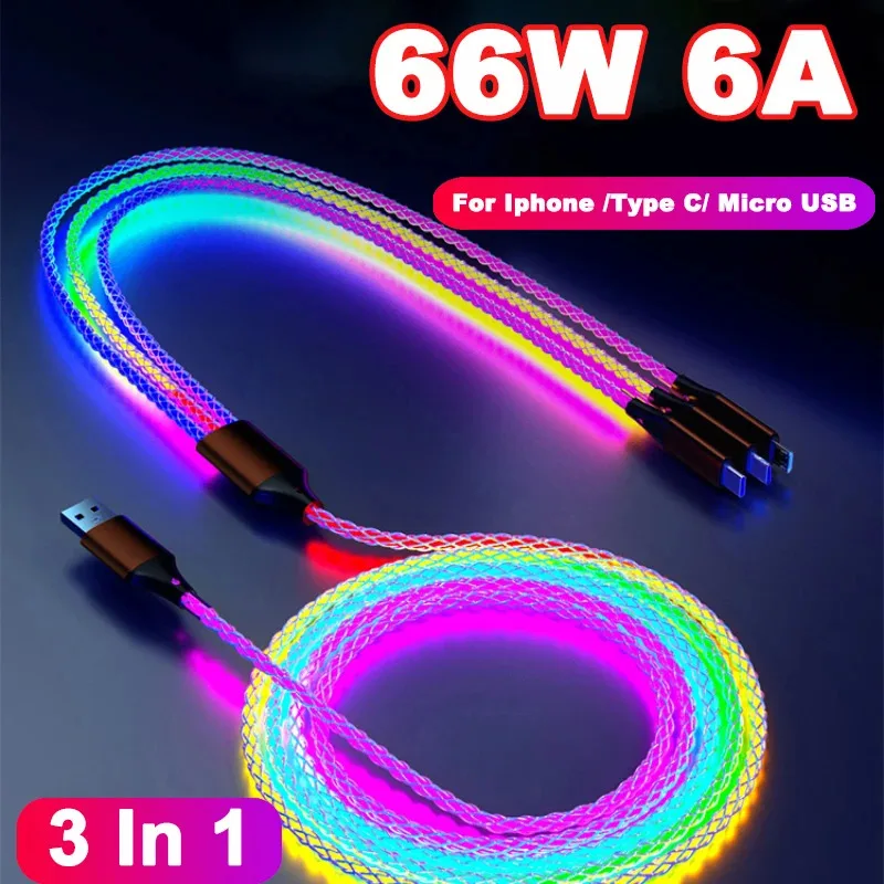 

3 In 1 66W 6A RGB Color Light Micro USB Type C Cable Fast Charging Cable For Xiaomi Samsung Huawei Iphone Car Cord
