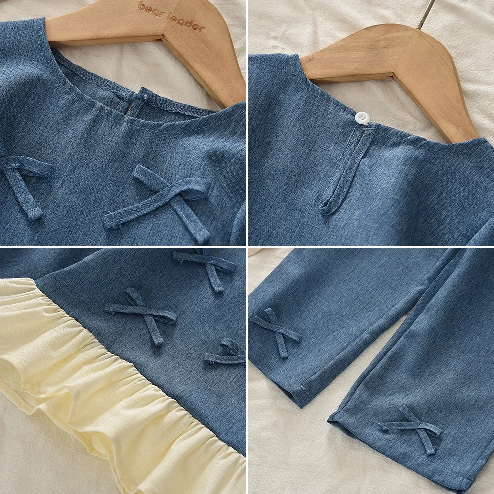 Herbst Neue Mode Süße Farbblockierte Mädchenkleidung Cowboy-Imitation Kinder Zweiteiler Set Langarm-Oberteil mit Schleifendekoration + Hose – Detail 12
