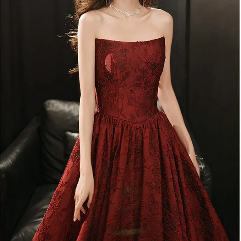 Customized Sexy Strapless Sleeveless High End Wine Red Wedding Party Dresses French Temperament Floral Printed Gown Backless Str