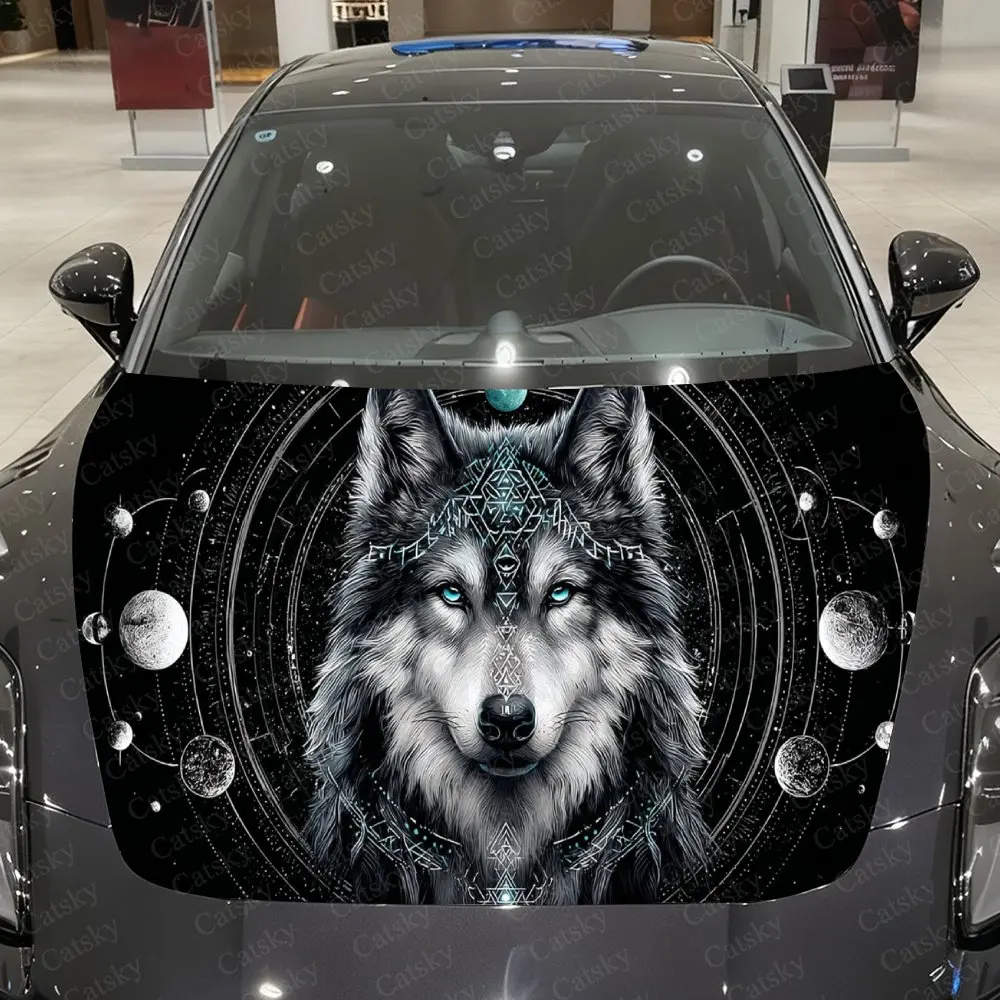 Celestial Orbit Wolf Car Vinyl Wrap, PVC Waterproof Car Hood Sticker, Self-Adhesive Scratch-Resistant Stickers for Engine Cover