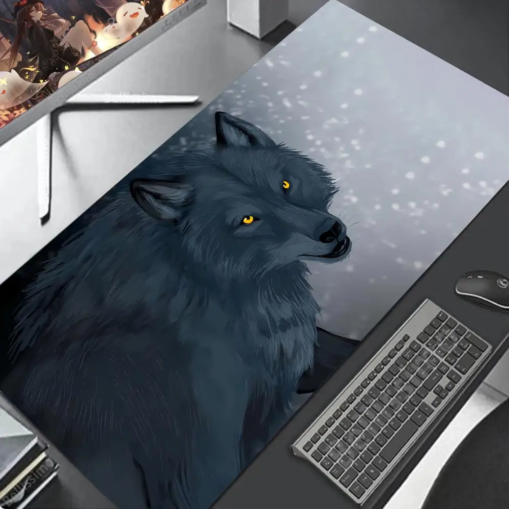 Großes Gaming-Mauspad mit Cartoon-Motiv in Schwarz und Weiß, Wolfskönig-Design, rutschfeste Basis, robust, geeignet für Desktop-Laptop-Schreibtischunterlage