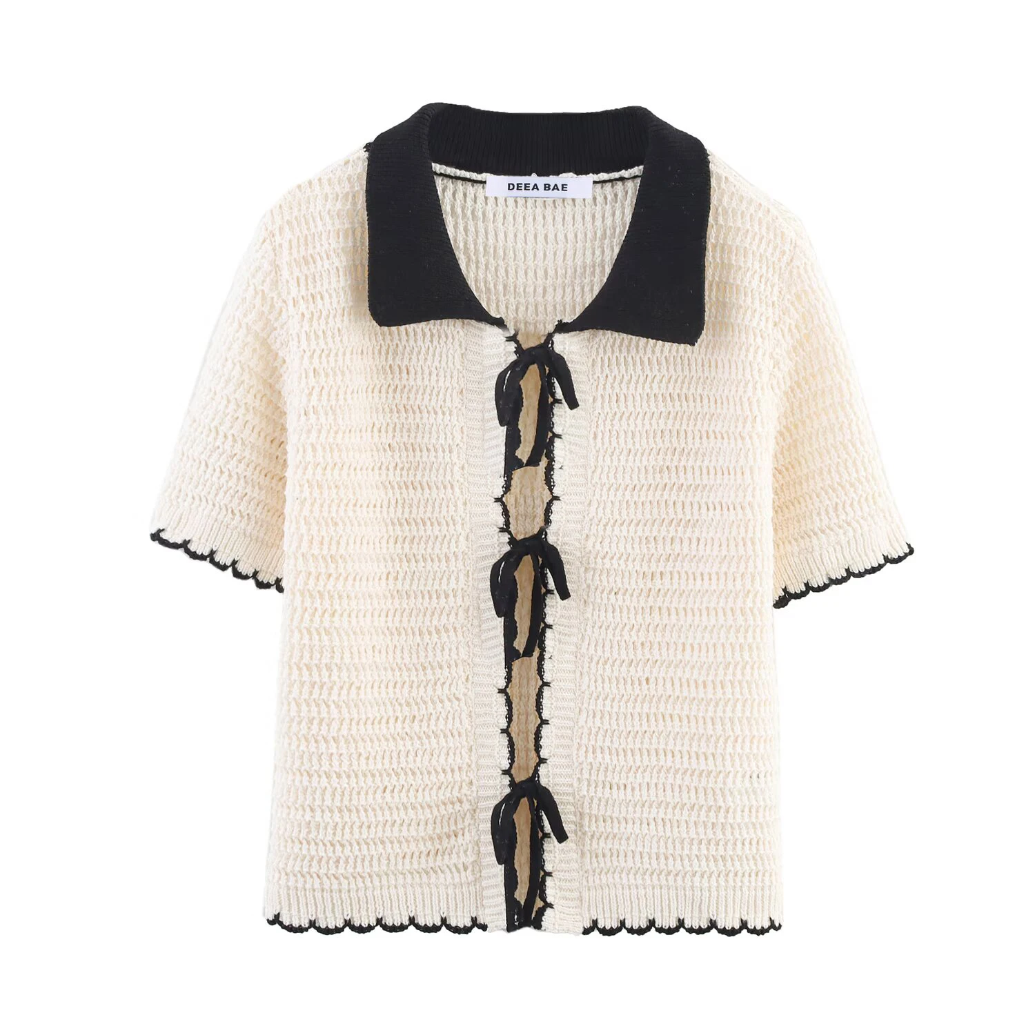 Summer new women's clothing color blocking decorative layer short sleeved crochet polo shirt collar simple top suspender set