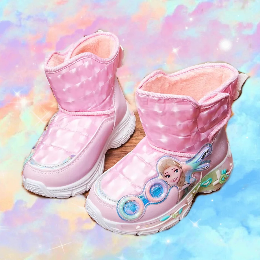 

Хлопковая повседневная обувь с мягкой подошвой Elsa для мальчиков и девочек, утепленные короткие сапоги Disney, детские флисовые кроссовки Frozen от зимних хлопковых сапог