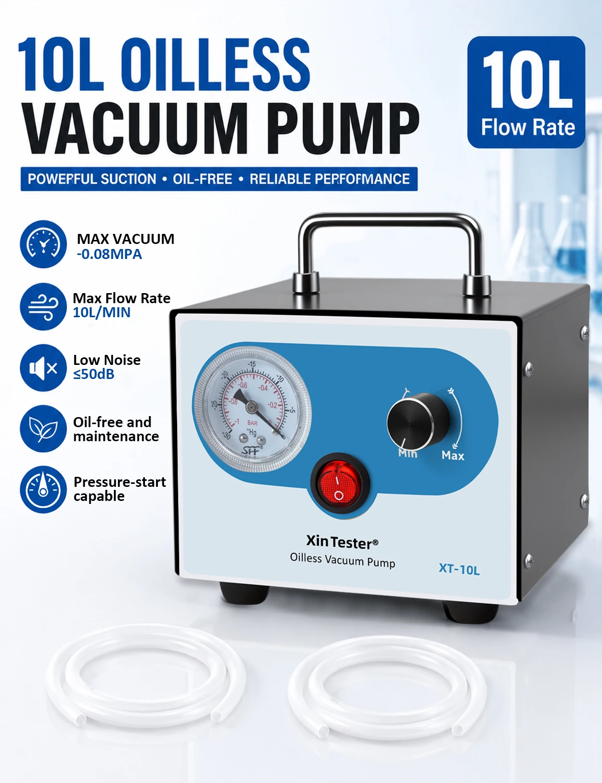 Xin Tester 10L Oil-Free Vacuum Pump Adjustable Flow Laboratory Filtration Pump Portable Low Noise 220V/110V Lab Equipment