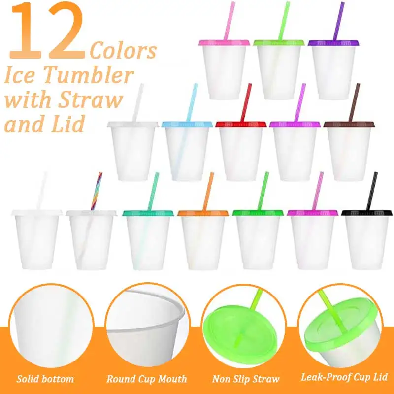 Random Color with Straws and Lids Kids Tumbler with Straw Reusable Water Bottle Iced Coffee Travel Mug Adults Plastic Cups 16 oz