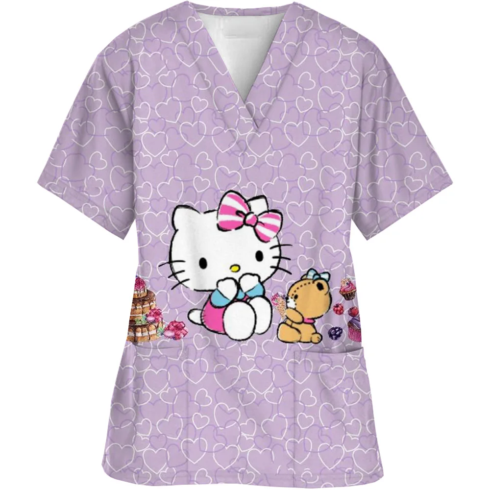 Hello Kitty Print Summer Nurse Uniform Scrubs Tops Womens Cartoon Short Sleeve Pocket Overalls Uniforms Medical Nursing Blouse