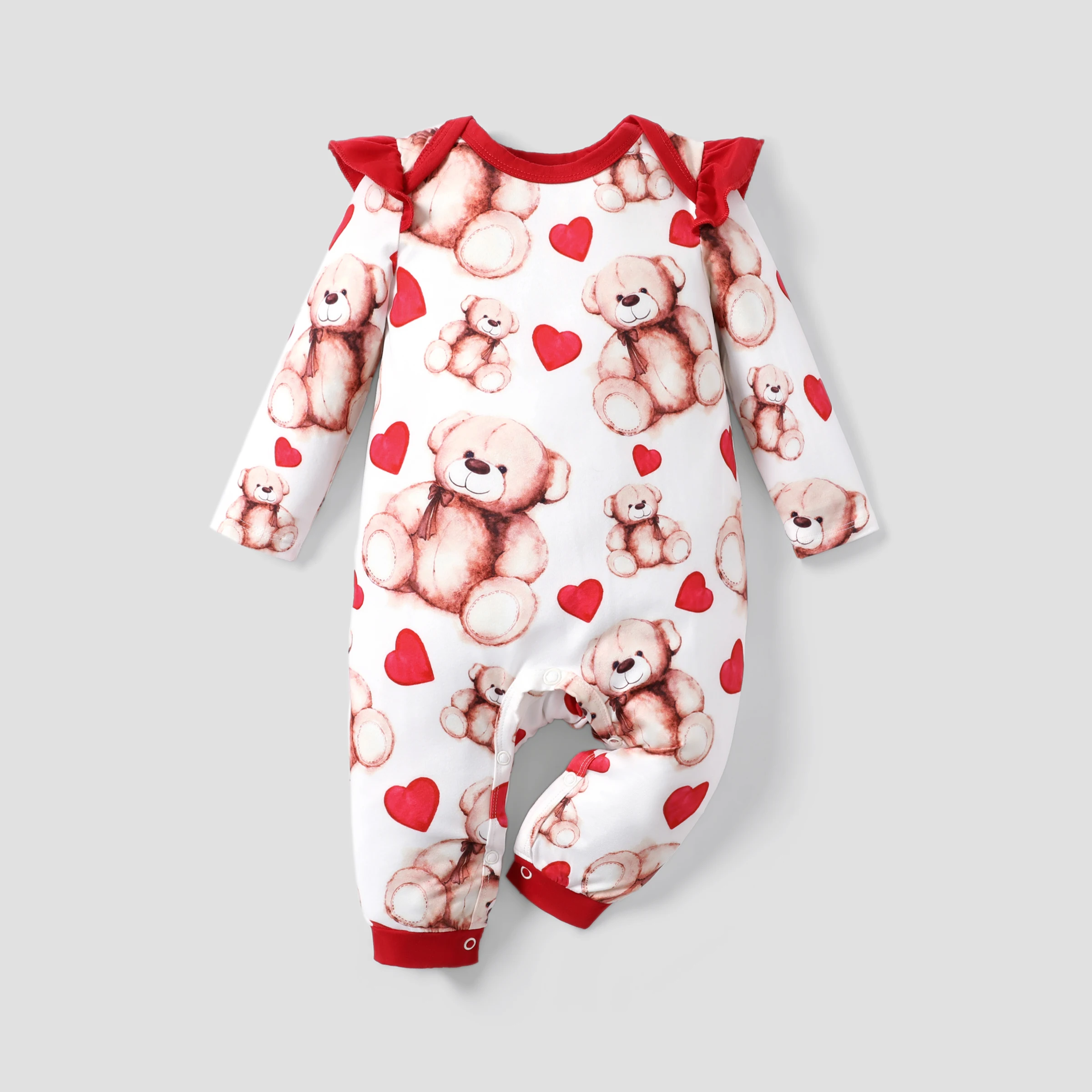 PatPat Baby Girl Valentine Sweet Bear and Polka Dot Print Jumpsuit