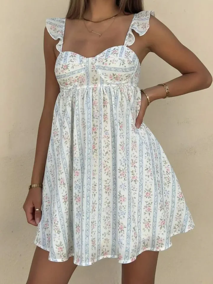 Womens Summer Floral Mini Dress with Sweetheart Neckline