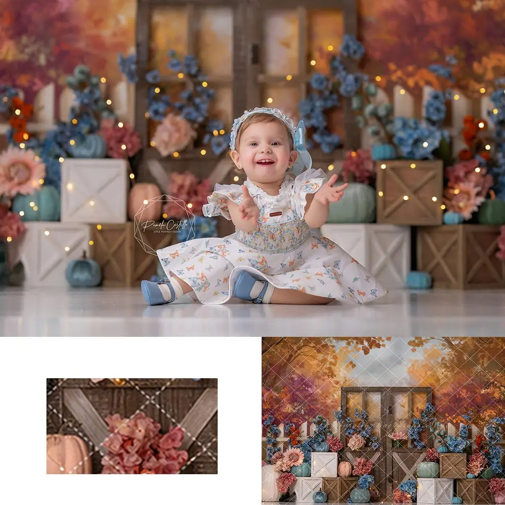 

Autumn Backdrop Floral and Pumpkin Kids Baby Cake Smash Photography Props Child Adult Birthday Photo Shoot Backgrounds