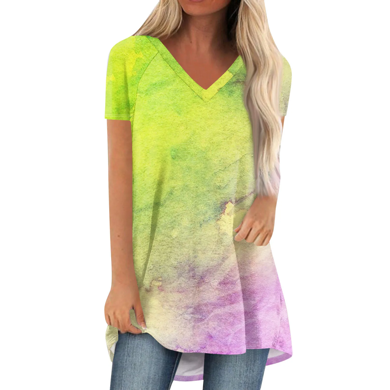 Female Short Sleeve Pleated Loose Tops Plus Size Casual Tops V-Neck Summer Tie Dye Gradient Stylish Soft Comfy Long T-Shirt