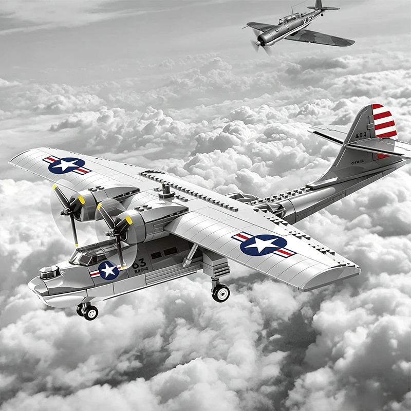 364PCS Military Series PBY-5A Katarina Water Plane Model Building Blocks Simulation Creative Children's Puzzle Toy Gift