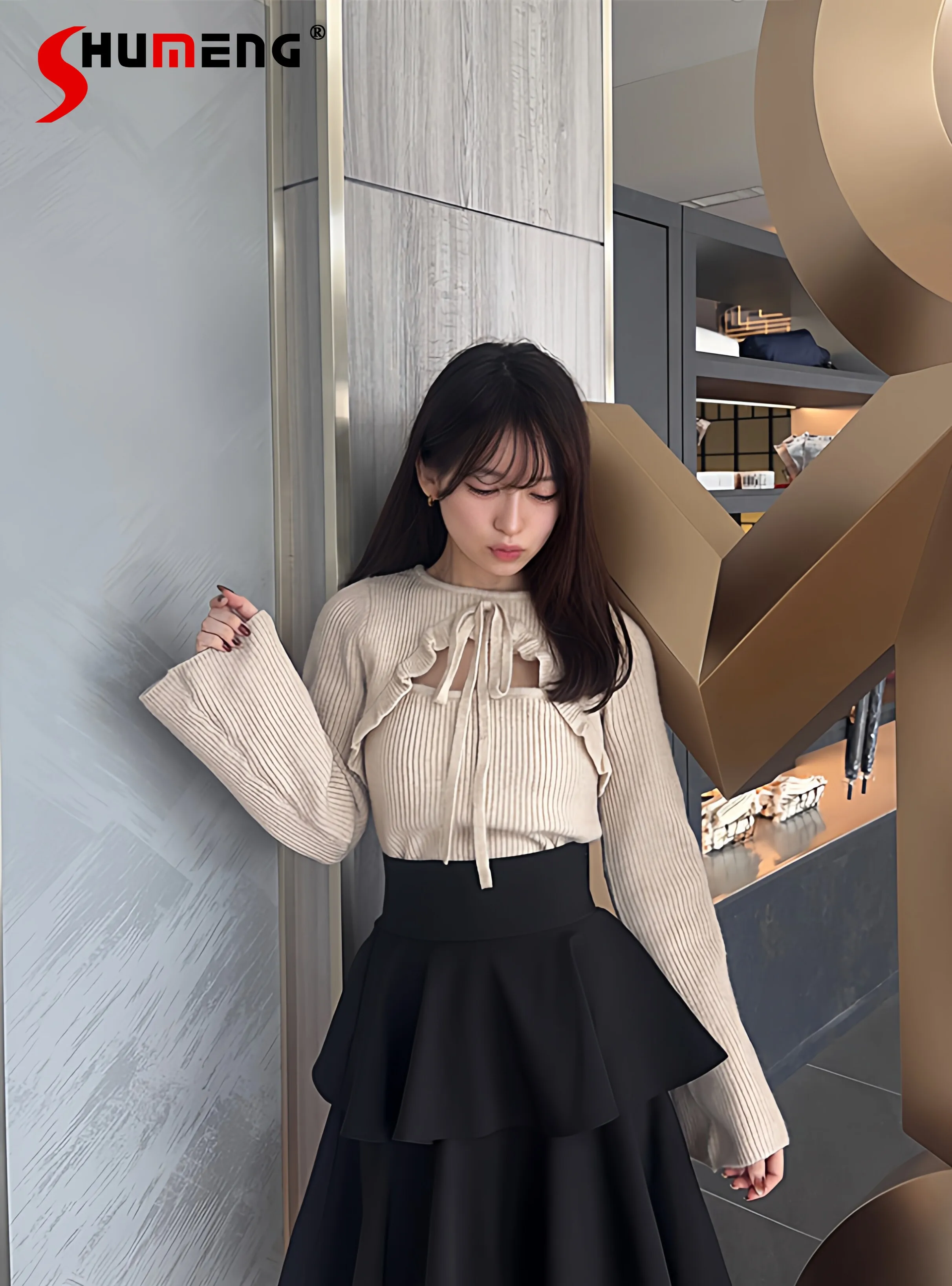 

Spring New Japanese Style Sweet Round Neck Hollow-out Ruffle Bow Tie Knitted Top Fashion Autumn Women's Long Sleeve Sweaters