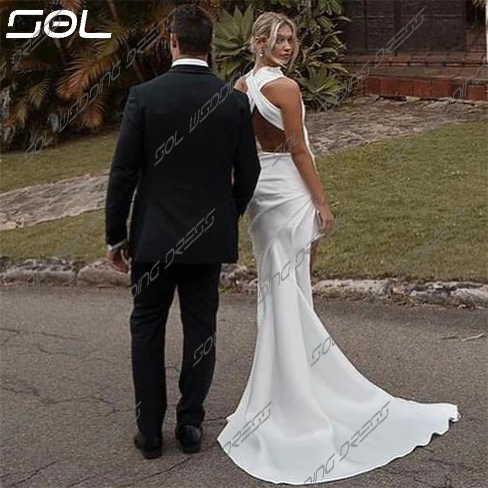 Sol sexy ärmellose o Hals hohe Seite Schlitz Satin Brautkleider elegante rücken freie Sweep Zug Brautkleider Vestidos de Novia