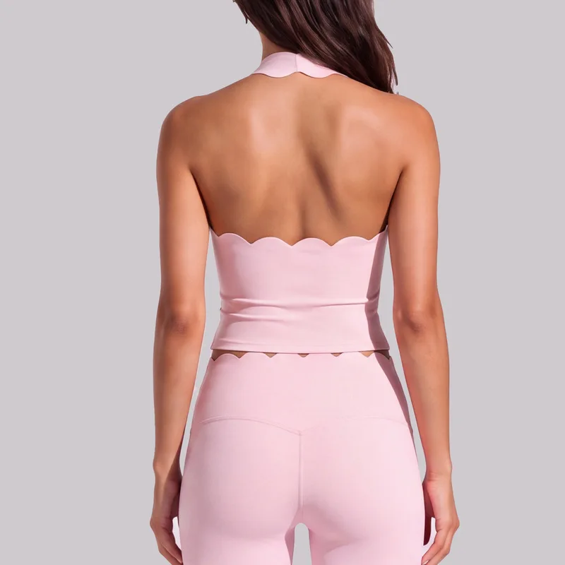 Women Halter Neck Scalloped Trim Sports Tank Top V‑Neck Ruched Push Up Fitness Shirt Tight Slim Yoga Activewear Tennis Outdoor