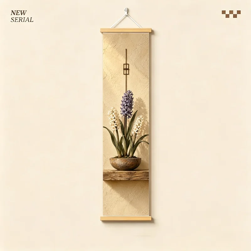 Wall Decor Hyacinth and Bougainvillea, Serene Wabi-Sabi Botanical Silver Shimmer Canvas Hanging Scroll for Boutique Hotel