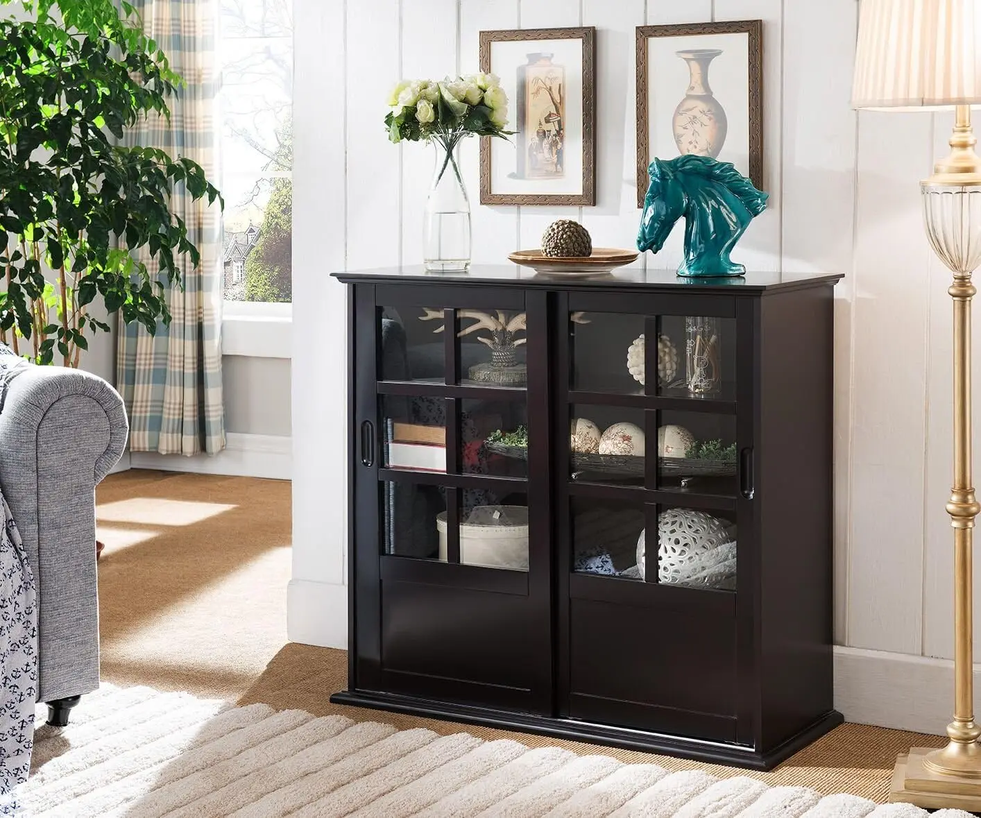 Wood Curio Cabinet with Glass Sliding Doors