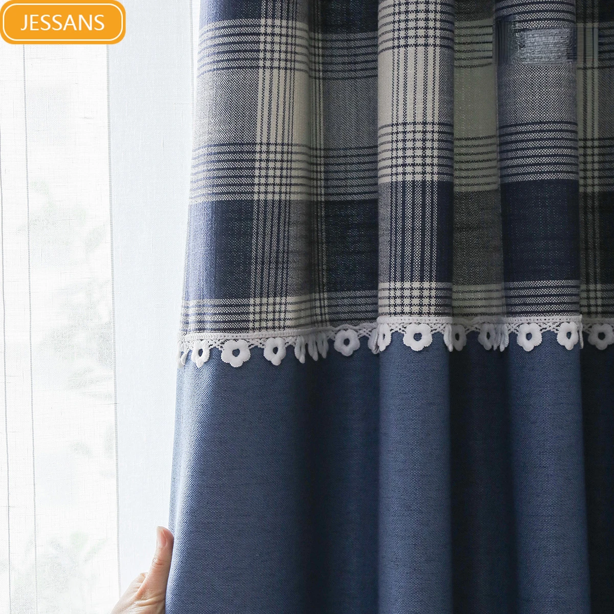 

Japanese Lattice Blue Cotton Linen Blackout Splicing Curtains for Living Room Study Bedroom French Window Balcony Customized