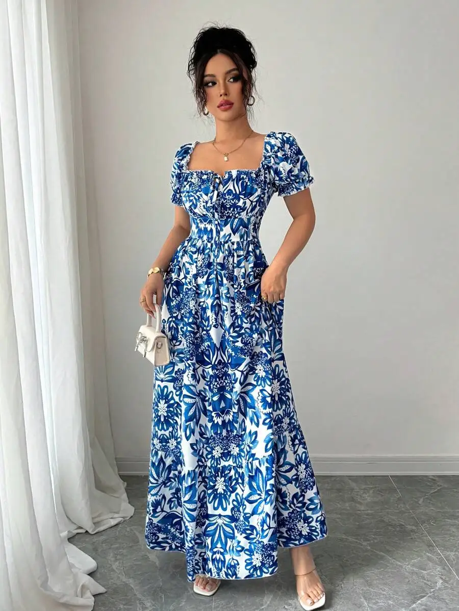 Elegant Blue Floral Print Dress for Women with Bubble Sleeves Long Casual Vacation Front Tie Back Gathered Waist view 5