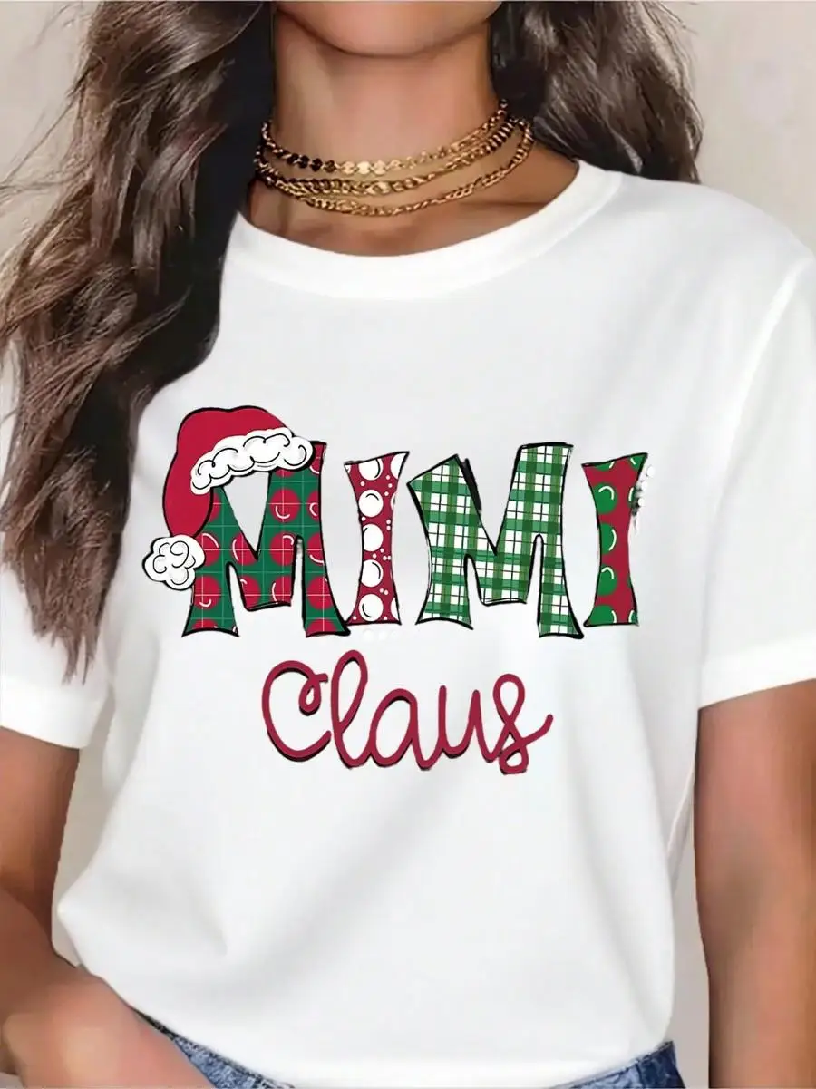 Christmas Mimi Claus T-Shirt For Women, Festive Holiday Graphic Tee With Plaid And Polka Dot Design, Santa Hat Accent, Perfect For Christmas Part