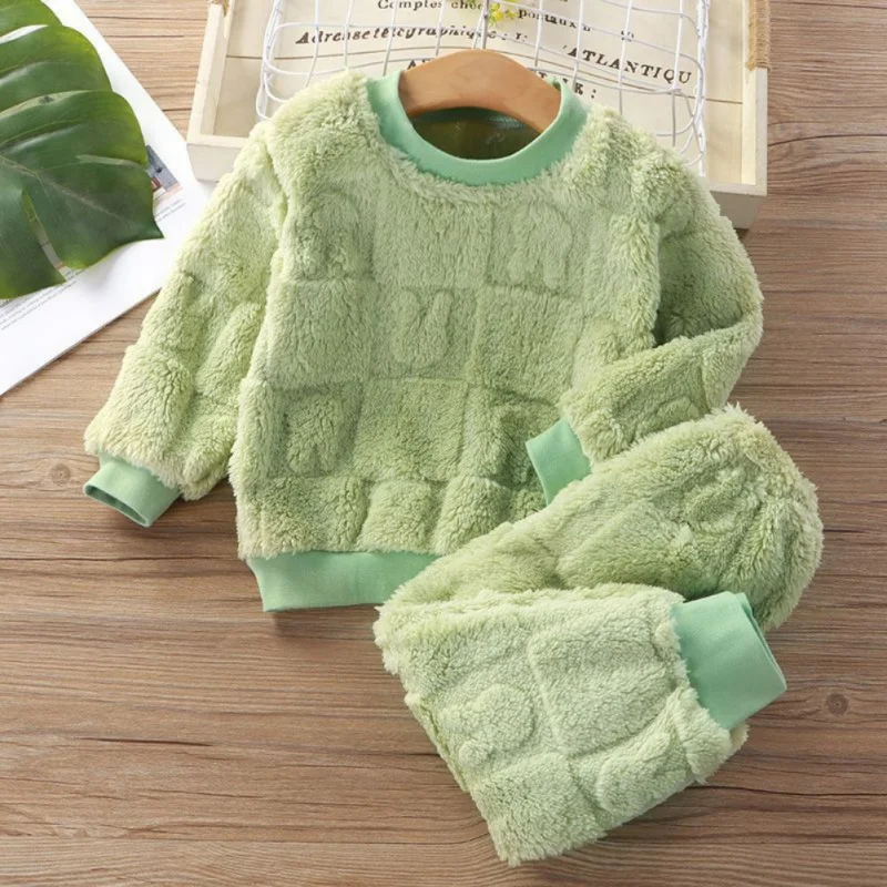 2Pcs Autumn Winter Children Pajamas Sets Boys Girls Warm Plush Long Sleeve Thickened Tops+Pants Kids Home Clothing Suits