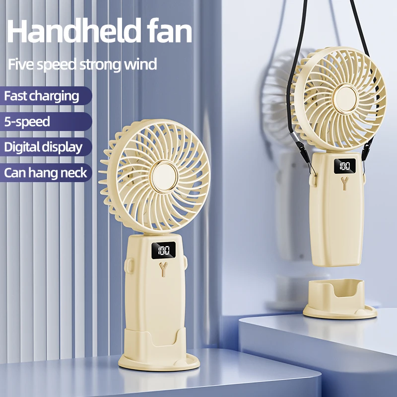 2025 De nieuwe draagbare ventilator kan de nek ophangen voor 10 uur zomer USB-opladen Miniventilator Vijf snelheden Wind Led-display Kantoorventilatoren