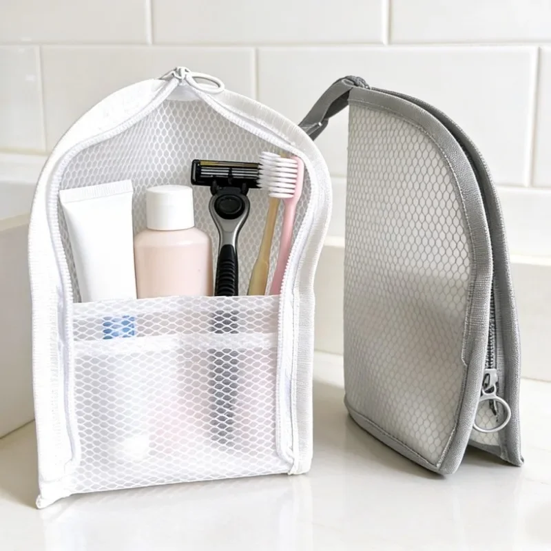 4-teiliges tragbares Netz-Kulturset, wasserdicht, faltbar, für Reisen, Zahnbürsten- und Kosmetik-Organizer, Aufbewahrungstasche für Damen im Badezimmer – Detail 8