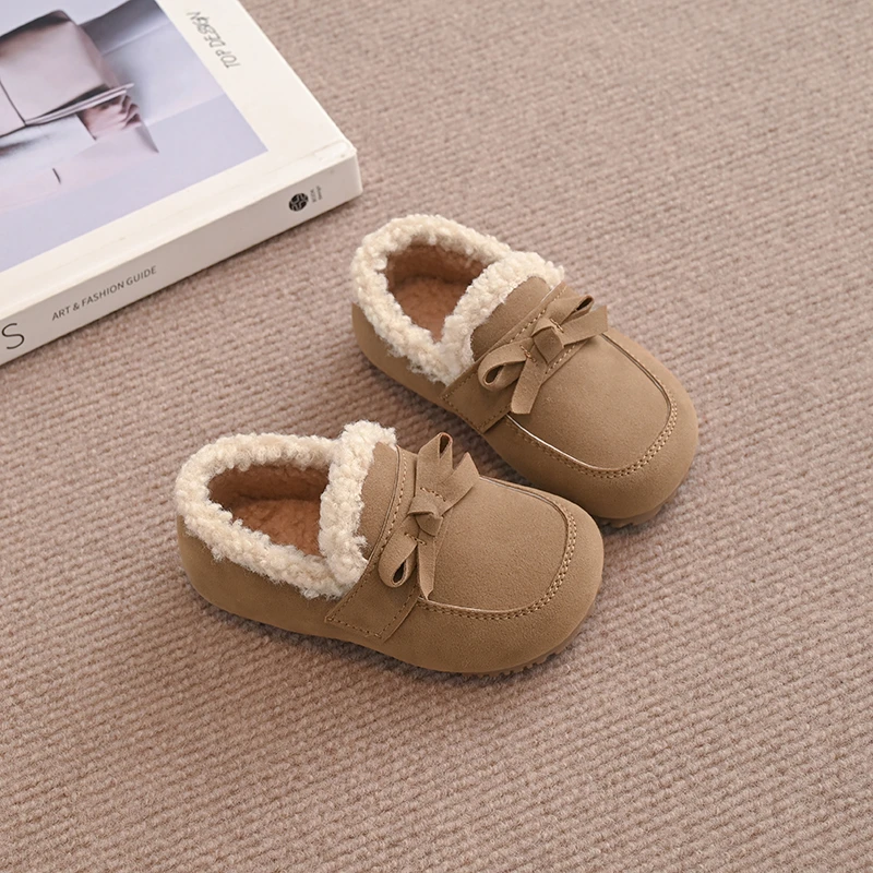 Kids Girls Winter Warm Fleece Interior Loafers Sweet Bow Decor Slip on Flat Shoes Soft Upper Anti Slip Sole Casual Shoes