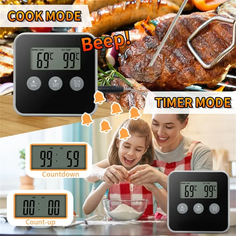 LCD Food Meat Thermometer Digital Display Oven BBQ Timer Baking Cooking Food Thermometer With Remote Probe