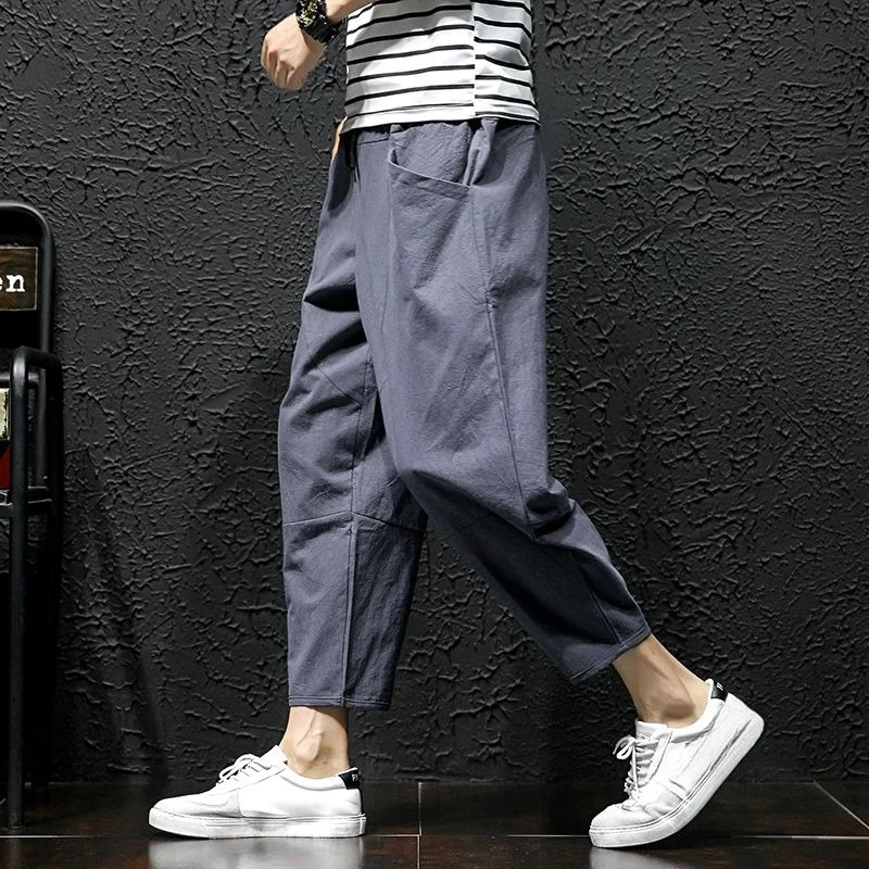 Сплошной цвет, тонкие свободные хлопковые мужские укороченные брюки, летняя классическая уличная одежда Xxxl, низкая цена, стильные мужские повседневные шаровары