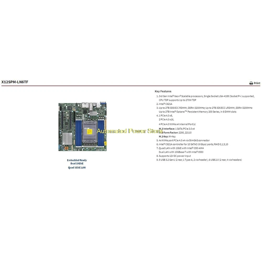 Embedded/loT Motherboard Socket LGA-4189 3rd Gen Xeon Scalable Processors X12SPM-LN6TF