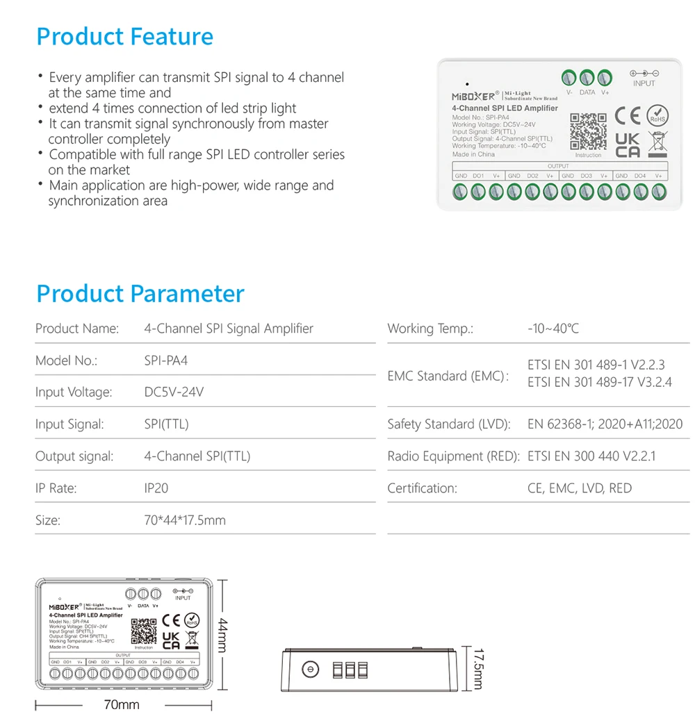 Miboxer SPIW5-4 5 in 1 SPI LED Controller WiFi+2.4G RF Remote Control 4-Channel SPI-WL4 ESP32 WLED Pixel Strip Signal Amplifier