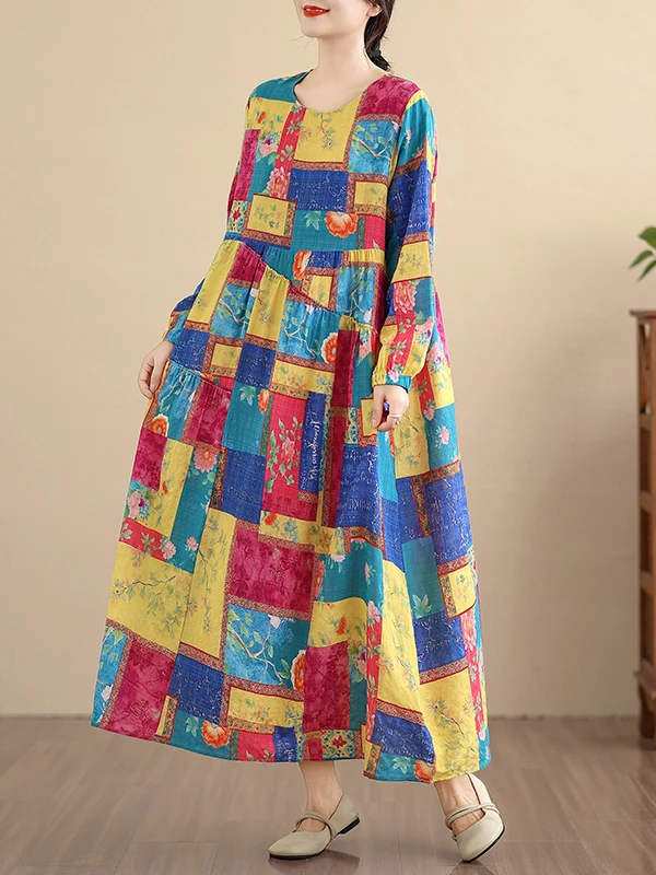 Retro artístico estampado largo Sve Linen Dr mujeres primavera otoño suelto dobladillo ancho encaje ribete largo Dr A-Line silueta