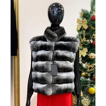 여성용 진짜 렉스 토끼 모피 조끼, 하이 퀄리티 천연 모피 코트, 2024 친칠라 모피 재킷