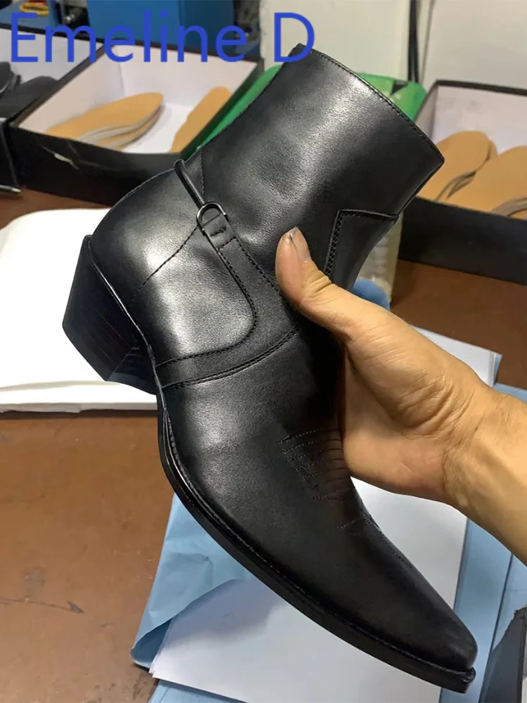 

Pointed Snake Patterned Cowhide Short Boots Temperament Side Zipper Buckle Design Thick Heel Matte Leather Chelsea Boots